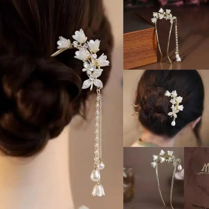 Hanfu Hair Access Long Tassel Vintage Lily Of The Valley U-shaped Hairpins Flower Handmade Hair Sticks For Women〔CC55〕