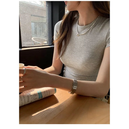 American style spicy girl shoulder T-shirt for women in summer 2025, tight fitting and slimming short top, basic elastic short s