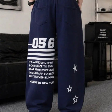 Men's Retro Letter Star Print Casual Pants Cool Boy Summer Bottom Wide Legs Sweatpants Male High Waist Unisex Baggy Y2k Trousers