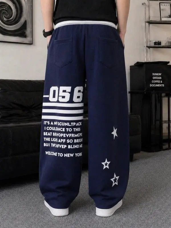 Men's Retro Letter Star Print Casual Pants Cool Boy Summer Bottom Wide Legs Sweatpants Male High Waist Unisex Baggy Y2k Trousers