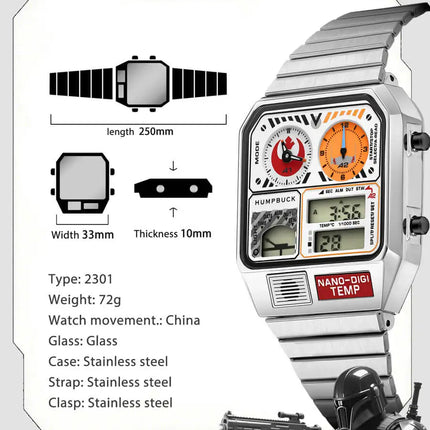 HUMPBUCK DIGITEMP Classic Design Stainless Steel Watches for men with LED Digital Display and Temperature Calendar