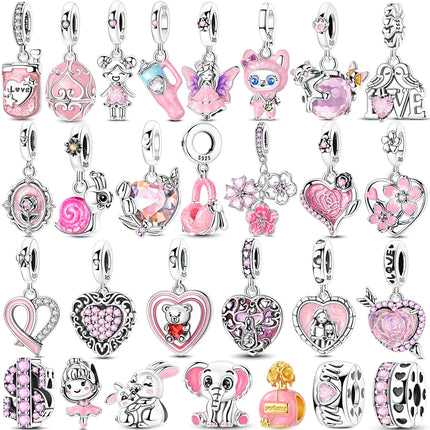 2026 Romantic Pink Color Charms Bead 925 Sterling Silver CZ Zircon Love Heart Pendants Fit Original Bracelet DIY Jewelry Gift