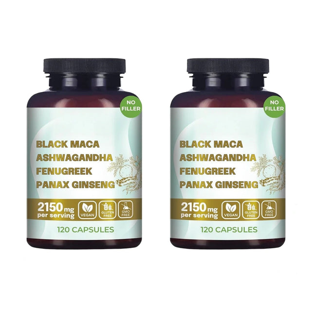 Original Black Maca Root, Ashwagandha, Panax Ginseng, Fenugreek Capsules, Natural Male Enhancement Supplement 4-in-1 Organic 18+