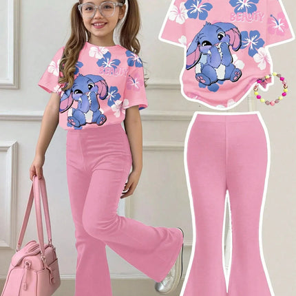 Kids Girls Stitch Cartoon Print 2Pcs Outfit Short Sleeve Floral T-Shirt + Blue Flare Pants Soft Casual Daily Wear Children Set