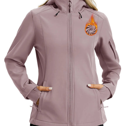 TACVASEN Waterproof Fleece Lined Women's Softshell Jacket Hooded Outdoor Hiking Camping Jacket Lightweight Warm Thermal Coat