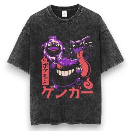 Pokemon Gastly Haunter Gengar Graveyard Print T Shirt Men 2026 Summer Vintage Acid Wash Oversized Tee Anime Streetwear Harajuku
