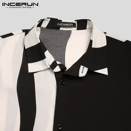 2026 Men Striped Patchwork Shirts Brand Streetwear Lapel Tops Fashion Irregular Shirts Long Sleeve Casual Camisas S-5XL INCERUN