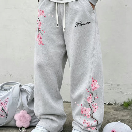Men's Sakura Wide Leg Sweatpants Casual Drawstring Cargo Trousers Euro Street Style Loose Track Pants
