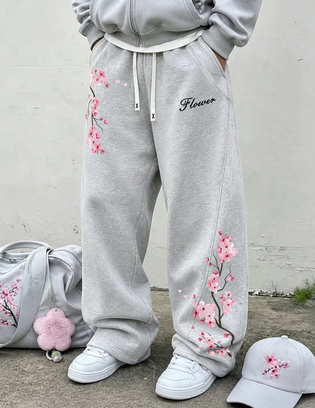 Men's Sakura Wide Leg Sweatpants Casual Drawstring Cargo Trousers Euro Street Style Loose Track Pants