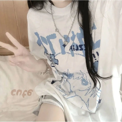 Women's Japanese Cartoon Anime Printed Cotton Short-sleeved T-shirt Harajuku Loose Half-sleeved Top Women's Summer Clothes