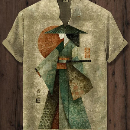 Men's Frog Abstract Print Short Sleeve Linen Shirt Stand up Collar Casual Breathable Top Fashionable Summer Cardigan
