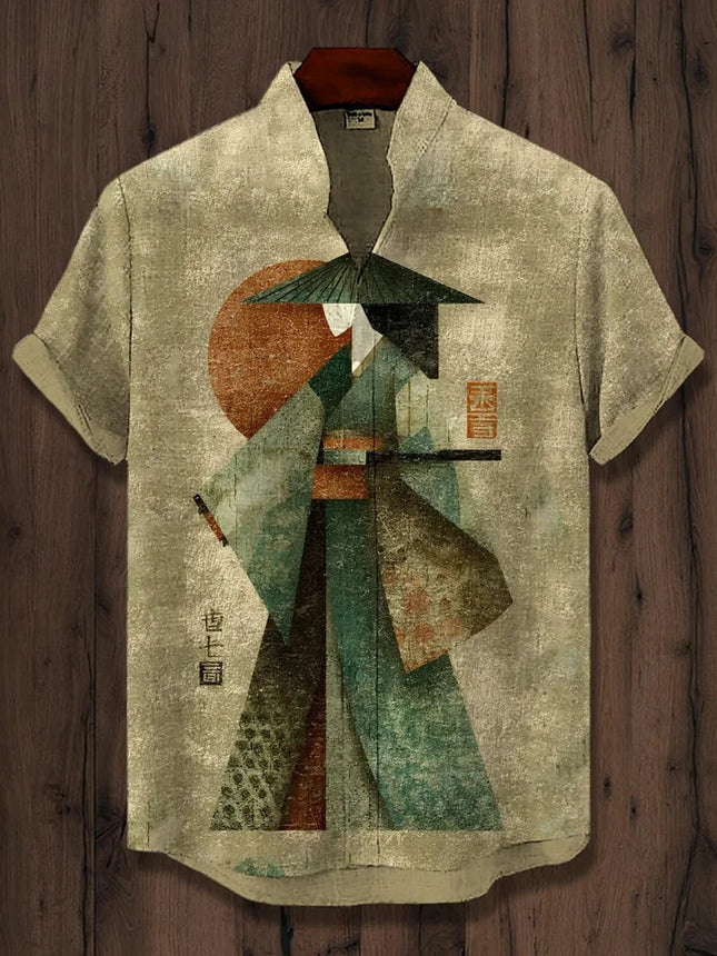 Men's Frog Abstract Print Short Sleeve Linen Shirt Stand up Collar Casual Breathable Top Fashionable Summer Cardigan