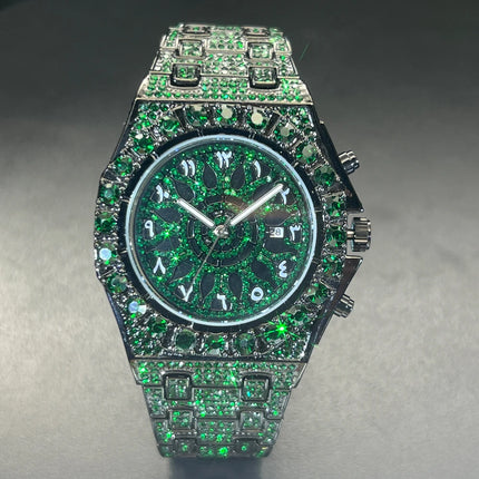 MISSFOX Hip Hop Wristwatch For Men Luxury lce Out Full Diamond Watches Fashion Green Watch Wterproof Week Display Clock 2025