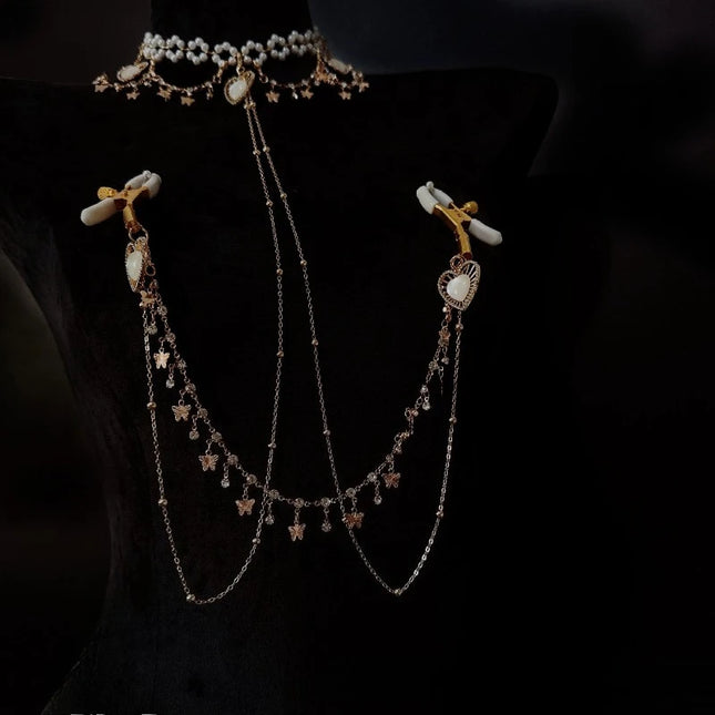 Pearl Heart-Shaped Nipple Clip Body Chain Collar Rhinestone Butterfly Pendant Chest Restraints Sexy Accessories for Women Sextoy