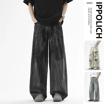 Fashion Jeans Wide-Leg Pants Men's Loose Old Jeans American Hip-hop High-waisted Jeans Ripped Print Casual High Street Trousers
