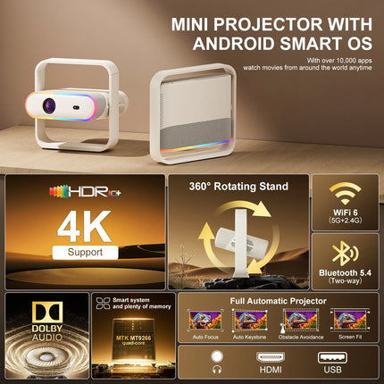 Salange P40 Smart Projector Native 1080P Android Auto Focus BT5.4 WIFI6 70mm RGB Ambient Light HiFi Speaker Portable Home Cinema