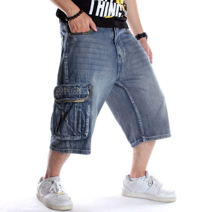 Multi pocket European and American skateboarding pants with fat and plus size hip-hop denim shorts for men, trendy cropped pants