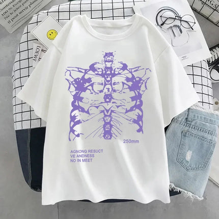 Geometric Pattern Print Harajuku Skeleton Women T-shirts Men Gothic Hip Hop Streetwear Black Goth Clothes Short Sleeve Top Y2k