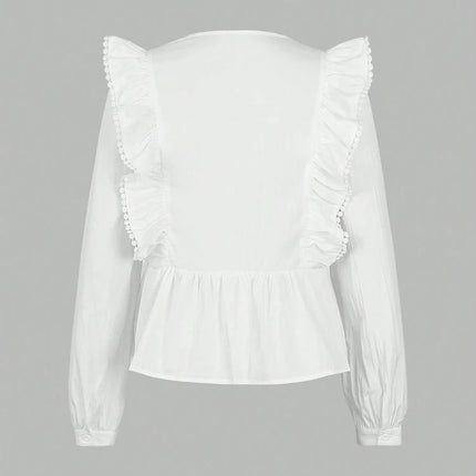 Plus Size Casual Solid Colour Lace Patchwork Ruffled Long Sleeve Top 2025 Autumn New Arrival Everyday Fashion