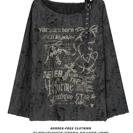 Vintage Y2K Oversize Off shoulder T shirt With Print Women Ripped Top Hole Long sleeve Baggy Basic T shirt Pulovers Ladies Tops