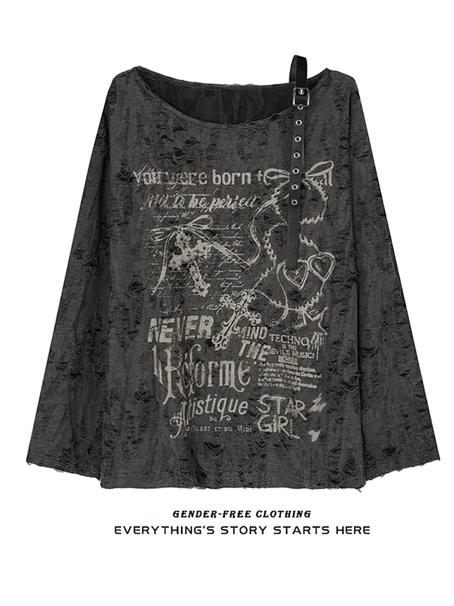 Vintage Y2K Oversize Off shoulder T shirt With Print Women Ripped Top Hole Long sleeve Baggy Basic T shirt Pulovers Ladies Tops