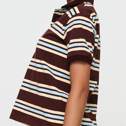 Women Summer Basic T-Shirt Casual Striped Print Lapel Short Sleeve Tops For Streetwear Aesthetic Grunge Clothes Hot Sale S-XL