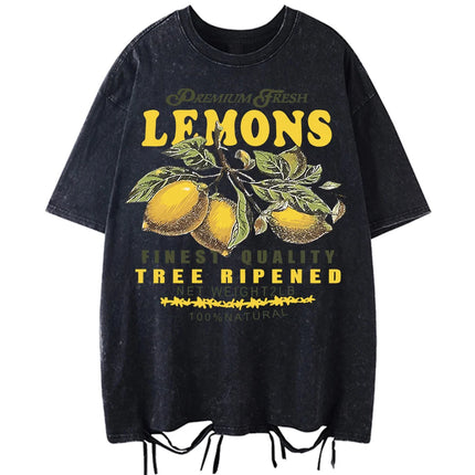 Premium Fresh Lemons Fruit Print Women Washed T-Shirts Y2K Comfortable Short Sleeve Loose All-Match T-Shirt Cotton Hip Hop Top