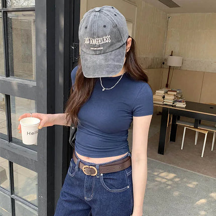 Basic Solid Crop Top Short Sleeve Crewneck Skinny T-shirt Summer Casual Tee for Women Y2K Vintage Top Harajuku Streetwear