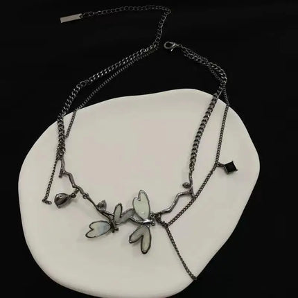 Sweet Cool Gun Black Fantasy Dragonfly Necklace for Women Gothic Black Tassels Choker Niche High-End Clavicle Chain Jewelry