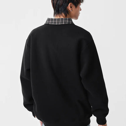 Retro Plaid Polo Neck Sweatshirt for Men and Women Heavyweight Cotton Soft Fake Two-Piece V-Neck Long Sleeve