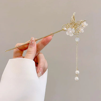 Charm Metal Hairpins Retro Antique Tassel Phoenix Student Pearl Rhinestone Butterfly Hair Stick Jewelry Wedding Hair Accessories