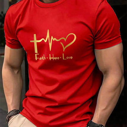 Men's Summer 100% Cotton Fashionable Casual Loose Large Size FAITH HOPE LOVE Printed Sports Round Neck Short Sleeve T-shirt Top