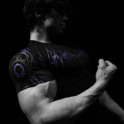 GYM T-shirt Men's Dark Gothic Print Muscle Tee  High Elasticity And Quick Drying Exercise For Bodybuilding Training 2025 Summer