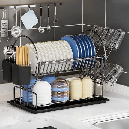 2 tier dish drying rack drain board set tableware drainer Kitchen countertop storage rack cup holder Knife and fork holder