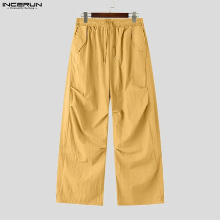 INCERUN Men's Pants Solid Color Drawstring Joggers Loose Casual Trousers For Man Streetwear 2026 Fashion Male Wide Leg Pants