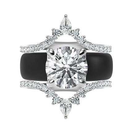 3pcs Pear Shaped Diamond Simulant Crown Ring Black Silicone Stackable Bridal Engagement Wedding Band Set for Her