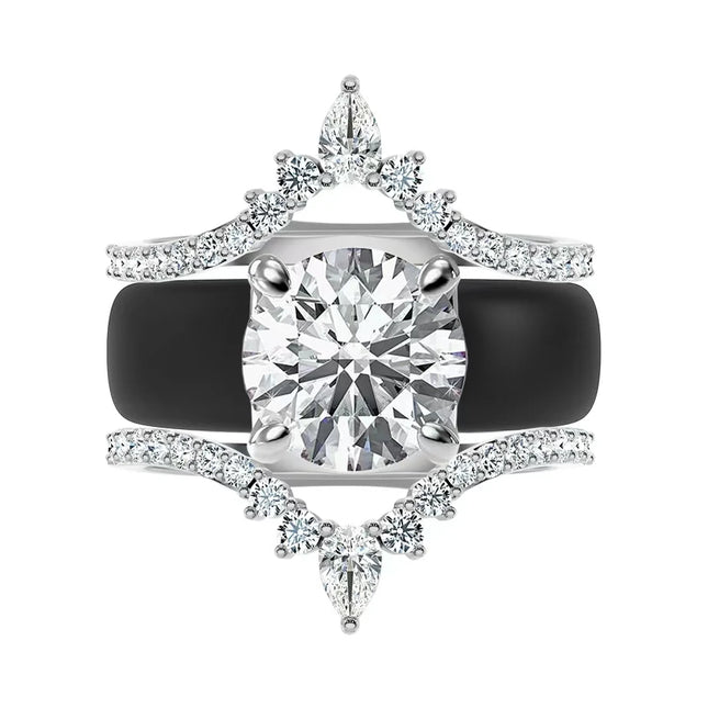 3pcs Pear Shaped Diamond Simulant Crown Ring Black Silicone Stackable Bridal Engagement Wedding Band Set for Her