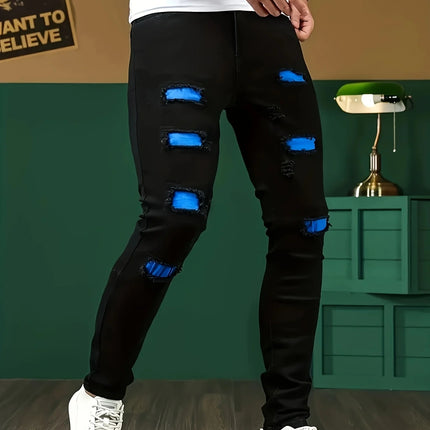 Patchwork Trendy Men's Streetwear Jeans Skinny Elastic Little Feet Straight Denim Trousers Fashion Ripped Slim Pants Male