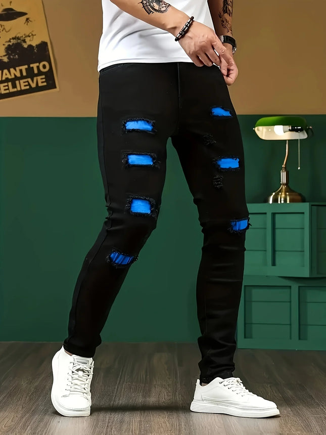 Patchwork Trendy Men's Streetwear Jeans Skinny Elastic Little Feet Straight Denim Trousers Fashion Ripped Slim Pants Male