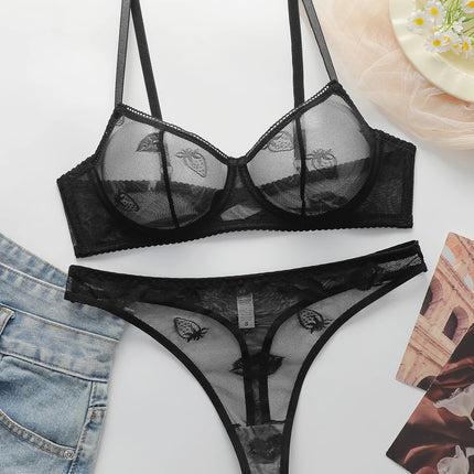 Women's Sexy Embroidered Lips Love Pattern Lace Sexy Underwear Set with Steel Rim Gathering Push Up Breathable Bra Set YS3059