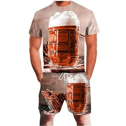 3D Beer Print Sport Moisture-Wicking Breathable Men T-Shirt Shorts Fun Cool Street Cosplay Casual Fashion Trend Pants Set Summer