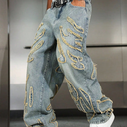 Men's Street Style Casual Patchwork Embroidered Frayed Hem Macau Blue Denim Jeans Trendy Loose Fit Straight Leg Pants