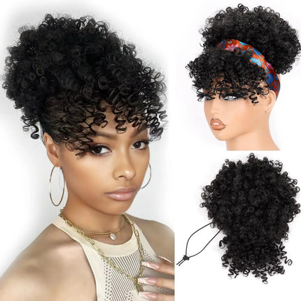 Drawstring Ponytail with Bangs Synthetic Afro Puff Ponytail Extensions Short Curly Clip in Wrap Updo Hairpiece for Women
