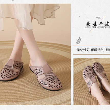 New Women's Breathable Perforated Leather Mules Vintage Tassel Slip on Flats Woman Casual Summer Shoes Hollow Slippers Outdoor