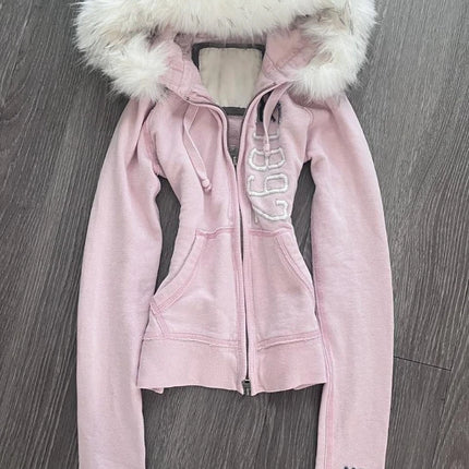 Winter Retro Pink Fur Hoodie Women's Y2K Harajuku Artificial Fur Collar Jacket Fashion Slimming Belt Hot Girl Sportswear