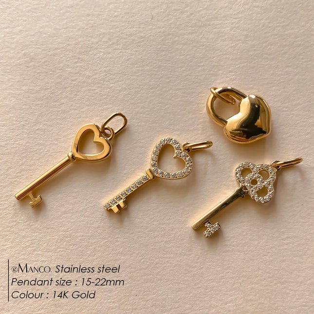 eManco Stainless Steel Heart Key Charm Shiny Rhinestones High Quality Metal, Women's DIY Necklace, Bracelet and Jewelry Making