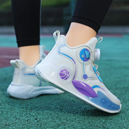 Children Basketball Shoes Boys Sports Comfortable Non Slip Flat Fitness Shoes 2025 New Rotating Button Sports Sneakers for Kids
