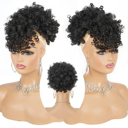 Afro Puff Synthetic Drawstring Ponytail with Bangs Pineapple Updo Hair for Black Women, Short Kinky Curly Ponytail Bun (1B)