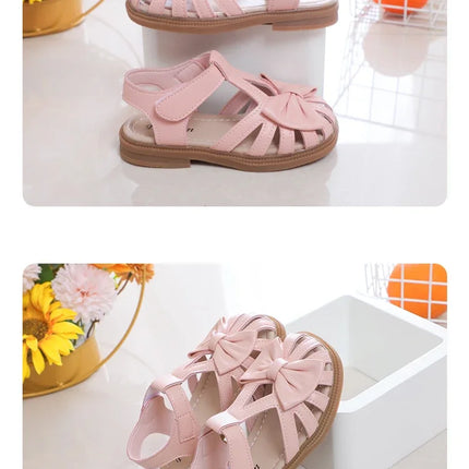 Cute Girls Sandals Bow Peep-toe 2025 New Soft Hook & Loop Beige Kids Princess Shoes Casual Sandals Cute Children Shoes Non-slip