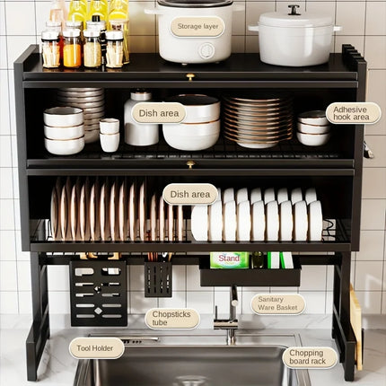 Over-the-Sink Dish Rack with Utensil Holder - Dustproof Carbon Steel Organizer for Plates/Bowls/Cutting Boards | Space Kitchen